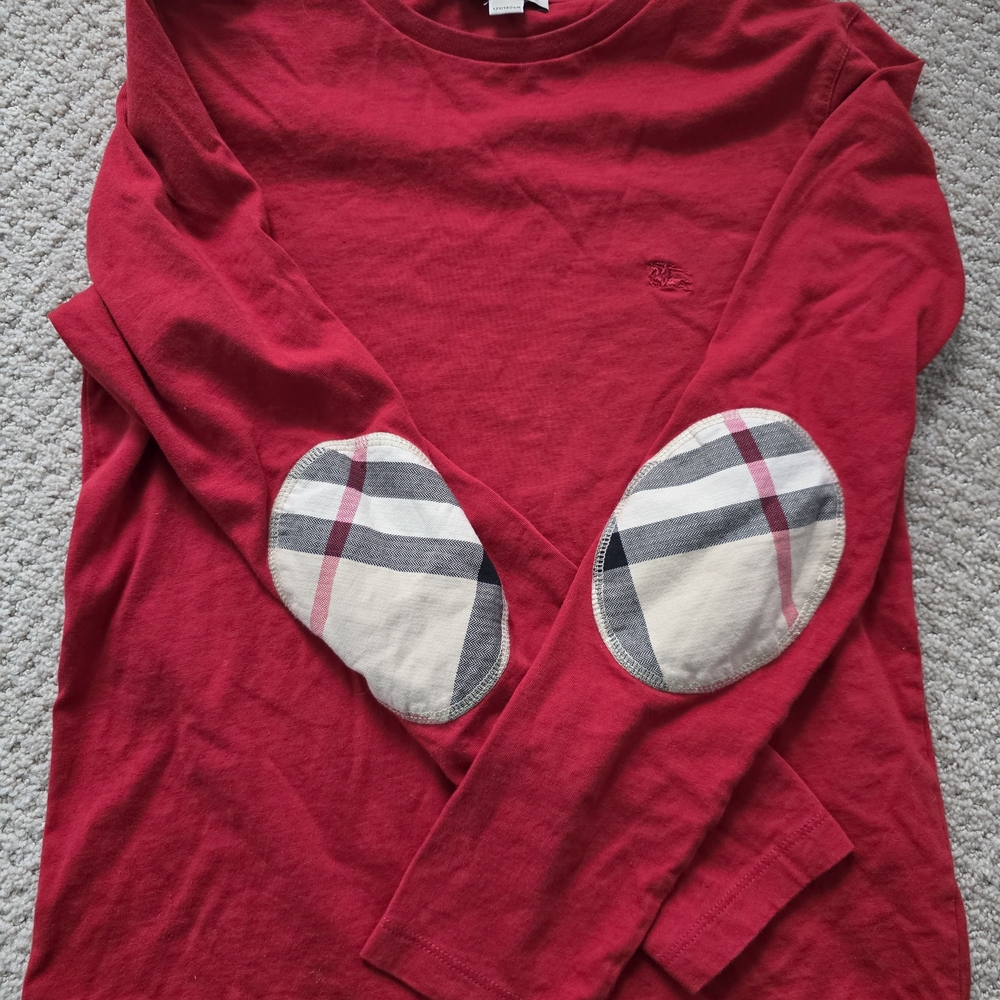 Burberry Red Long Sleeve Kids Tee with Plaid Elbow Patches